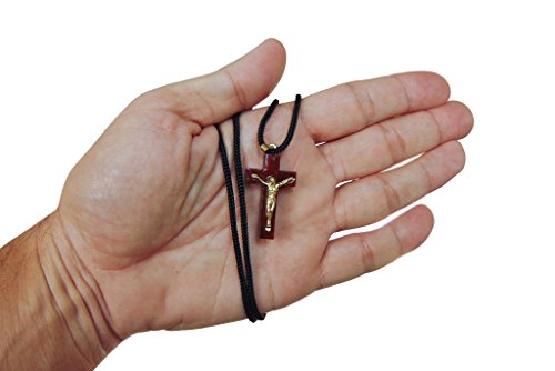 Pack of 6 pcs - Cherry Wooden Catholic Crucifix Pendant Cord Necklace - Small