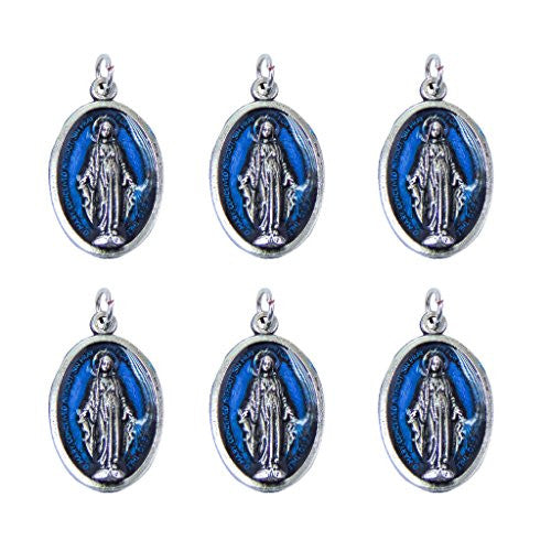 Lot of 6pcs. Our Lady of Grace Mini Oxidized Silver Medal with Blue Enamel - .59" W x 1" L.