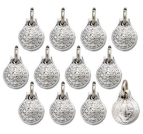 Lot of 12 pcs - Silver Tone St Benedict Mini Round Stamped Medal Pendant - Made in Italy - Lot of 12 pcs - Silver Tone St Benedict Mini Round Stamped Medal Pendant - Made in Italy