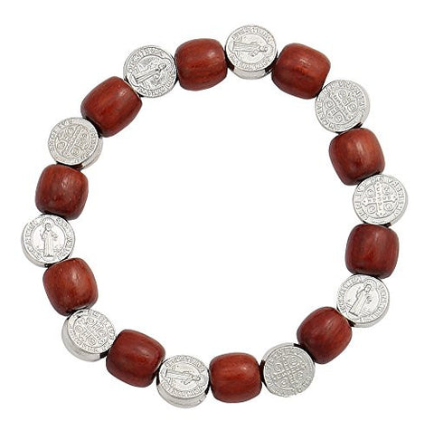 Saint Benedict, San Benito Silver Tone Medals Bracelet with Wood Beads Spacer