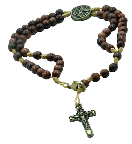 Saint Benedict Metal Medal and Crucifix Wooden Beads Rosary Bracelet