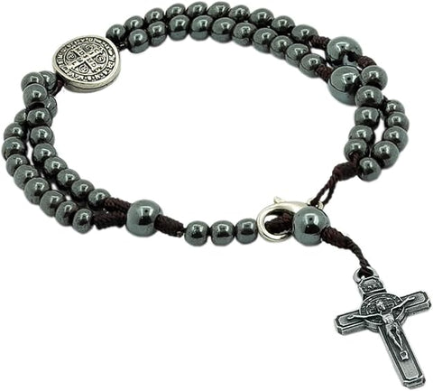 St Benedict Medal With Hematite/Cross Rosary Bracelet