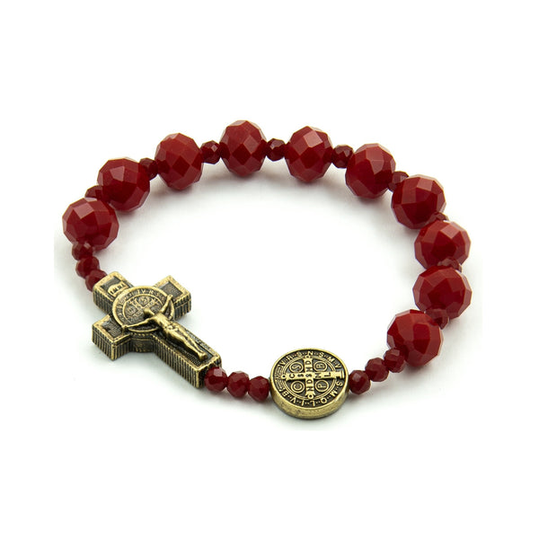 Saint Benedict Small Wrist Red Bracelet Wooden Beads Decade Rosary