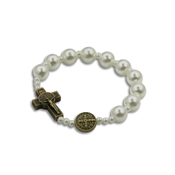 Saint Benedict Small Wrist White Simulated Plastic Pearl Bracelet