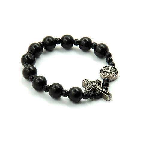 Saint Benedict Small Wrist Black Bracelet Wooden Beads Decade Rosary