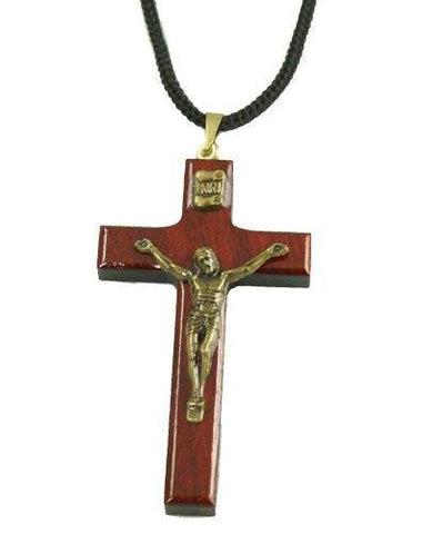 Cherry Wooden Catholic Crucifix Pendant Cord Necklace - Large - Cherry Wooden Catholic Crucifix Pendant Cord Necklace - Large