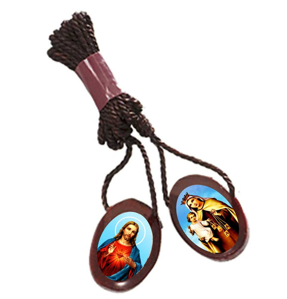 Pack of 6 pcs - Catholic Wear Wooden Brown Small Oval Shape Scapular Necklace