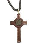 Saint Benedict Cherry Wooden Crucifix Pendant Rope Cord Necklace with Gold Tone