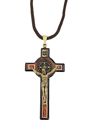 Saint Benedict Cherry Wooden Crucifix Pendant Rope Cord Necklace with Gold Pewter
