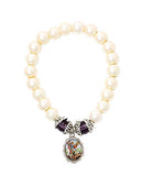 Saint Michael Medal Oval Pendant Bracelet with Glass Simulated Pearls Beads - 2.5 Inch.