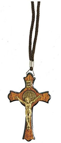 Saint Benedict Jatoba Wooden Gold Tone Crucifix Pendant Cord Necklace, Small Cross
