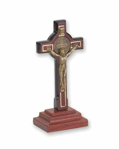 Pack of 2 pcs. San Benito Saint Benedict Cherry Wood Standing Table Religious Cross with Crucifix, 2.8 Inch