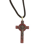 Saint Benedict Cherry Wooden Crucifix Pendant Rope Cord Necklace with Gold Tone