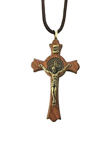 Saint Benedict Jatoba Wooden Gold Tone Crucifix Pendant Cord Necklace, Medium Cross
