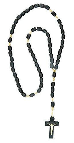 Black Wood Rosary Necklace with Beige Cord - Black Wood Rosary Necklace with Beige Cord