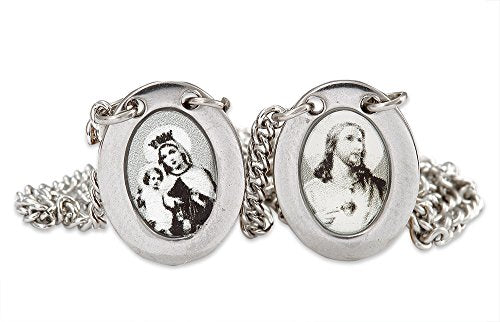 Stainless Steel Catholic Scapular with Medals of Sacred Heart of Jesus and Our Lady of Mt. Carmel - Black and White Oval Pendant
