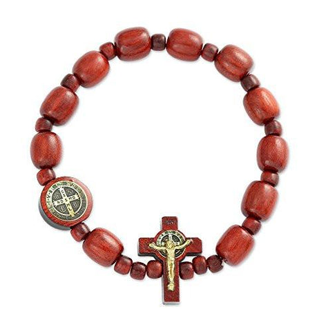 Saint Benedict, San Benito Devotional Rosary Beads Bracelet in Cherry