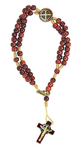 Saint Benedict Medal Cherry Wooden Beads Rosary Bracelet