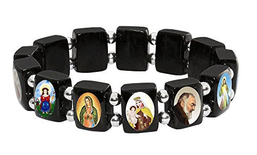 Pack of 3 units. Black Wood Beads Stretch Bracelet with Assorted Catholic Saints Icons, 2.5 Inch.