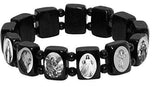 Elasticated Black Wood Bracelet with Small Square Black & White Assorted Catholic Saints with Black Beads Spacer - Elasticated Black Wood Bracelet with Small Square Black & White Assorted Catholic Saints with Black Beads Spacer