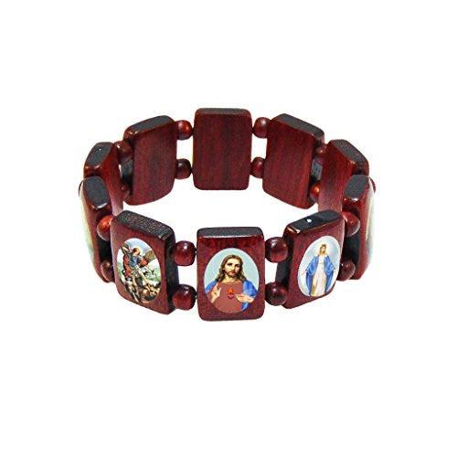 Elasticated Cherry Wooden Catholic Saints Bracelet Large Images of Jesus, Mary and Saints with Wood Beads Spacer - Elasticated Cherry Wooden Catholic Saints Bracelet Large Images of Jesus, Mary and Saints with Wood Beads Spacer