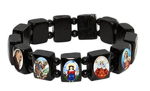 Elasticated Black Wood Bracelet with Small Square Assorted Catholic Saints Images with Black Beads Spacer - Elasticated Black Wood Bracelet with Small Square Assorted Catholic Saints Images with Black Beads Spacer