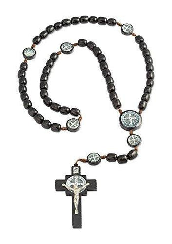 Black Wood Beaded Rosary with 7 Images of Saint Benedict - Black Wood Beaded Rosary with 7 Images of Saint Benedict