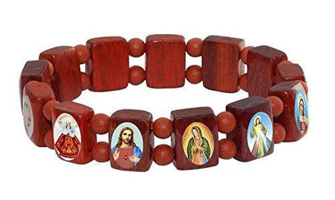 Elasticated Cherry Wooden Catholic Saints Bracelet Small Images of Jesus, Mary and Saints with Wood Beads Spacer - Elasticated Cherry Wooden Catholic Saints Bracelet Small Images of Jesus, Mary and Saints with Wood Beads Spacer