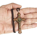 Saint Benedict Jatoba Wooden Gold Tone Crucifix Pendant Cord Necklace, Medium Cross
