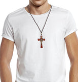 Saint Benedict Jatoba Wooden Gold Tone Crucifix Pendant Cord Necklace, Large Cross