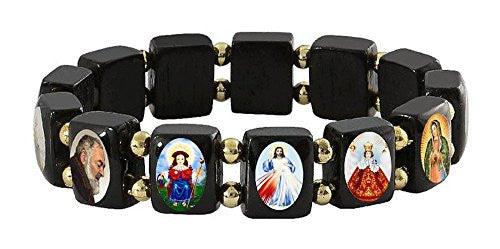 Elasticated Black Wood Small Square Assorted Catholic Saints Bracelet with Gold Color Beads - Elasticated Black Wood Small Square Assorted Catholic Saints Bracelet with Gold Color Beads