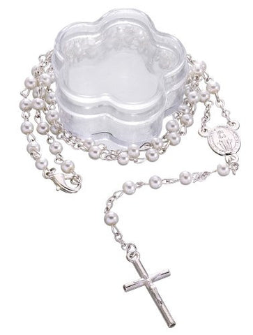 Lot of 6 pcs - Mini White Simulated Pearl Beaded Rosary Favors with Acrylic Flower Shape Box