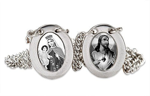 Stainless Steel Mini Oval Scapular - Black & White Images - Lady of Mount Carmel and Jesus - 13.5"