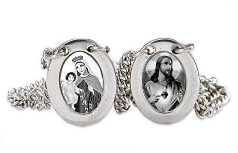 Stainless Steel Mini Oval Scapular - Black & White Images - Lady of Mount Carmel and Jesus - 13.5"