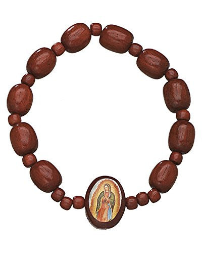 Wood Prayer Beads Rosary Decade Bracelet with Image of Our Lady of Guadalupe