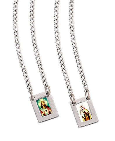 Stainless Steel Mini Rectangular Scapular with Color Images of Our Lady of Mount Carmel and Jesus