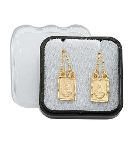 Gold Plated Squared Scapular with Engraved Images of Mount Carmel and Jesus - Gold Plated Squared Scapular with Engraved Images of Mount Carmel and Jesus