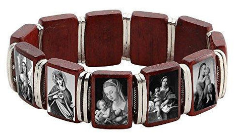 Cherry Wood Stretch Bracelet with Assorted Black & White Images of Blessed Mary - Cherry Wood Stretch Bracelet with Assorted Black & White Images of Blessed Mary