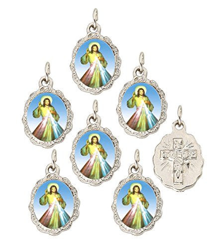 Set of 6 pcs. Divine Mercy Silver Tone Small Medal Pendant