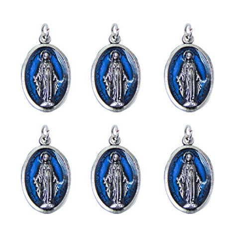 Lot of 6pcs. Our Lady of Grace Mini Oxidized Silver Medal with Blue Enamel - .59" W x 1" L.