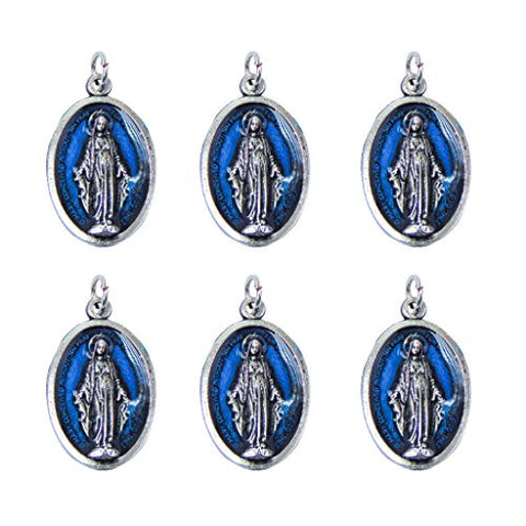 Lot of 6pcs. Our Lady of Grace Mini Oxidized Silver Medal with Blue Enamel - .59" W x 1" L.