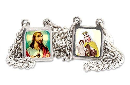Lady of Mount Carmel & Sacred Heart of Jesus Color Images Stainless Steel Scapular Necklace - 13.5". - Lady of Mount Carmel & Sacred Heart of Jesus Color Images Stainless Steel Scapular Necklace - 13.5".