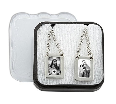 Stainless Steel Large Rectangular Scapular with Black & White Images of Jesus and Mount Carmel - 12.5 Inch