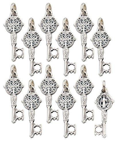 Lot of 12 pcs - Silver Tone Saint St. Benedict Key of Heaven Medal Pendant Charm - Lot of 12 pcs - Silver Tone Saint St. Benedict Key of Heaven Medal Pendant Charm