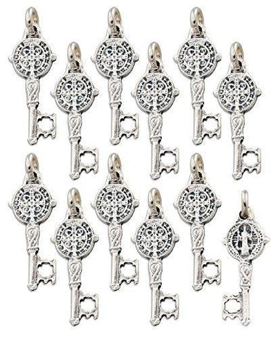 Lot of 12 pcs - Silver Tone Saint St. Benedict Key of Heaven Medal Pendant Charm - Lot of 12 pcs - Silver Tone Saint St. Benedict Key of Heaven Medal Pendant Charm