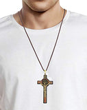 Saint Benedict Cherry Wooden Crucifix Pendant Rope Cord Necklace with Gold Pewter
