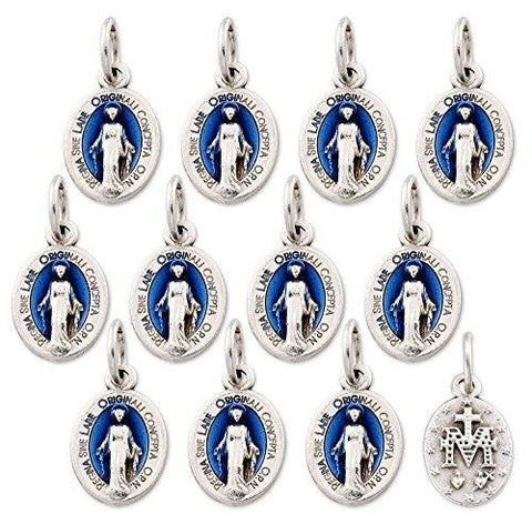 Lot of 12 pcs.  Blue Silver Tone Our Lady of Grace Mini Miraculous Medal Pendant - Made in Italy - Lot of 12 pcs.  Blue Silver Tone Our Lady of Grace Mini Miraculous Medal Pendant - Made in Italy