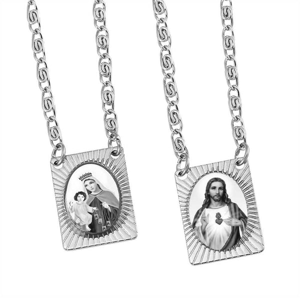 Stainless Steel Catholic Scapular with Medals of Sacred Heart of Jesus and Our Lady of Mt. Carmel - Black and White Squared Pendant