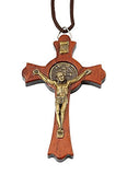 Saint Benedict Jatoba Wooden Gold Tone Crucifix Pendant Cord Necklace, Large Cross