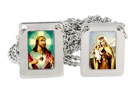 Stainless Steel Large Rectangular Scapular with Icons of Our Lady of Mount Carmel and Jesus,12.5 Inch